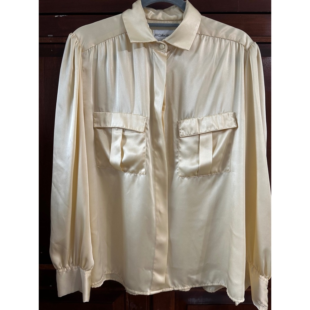 Vintage JH Collectibles Cream Satin Blouse ILGWU USA Made Long Sleeve Top Sz 12